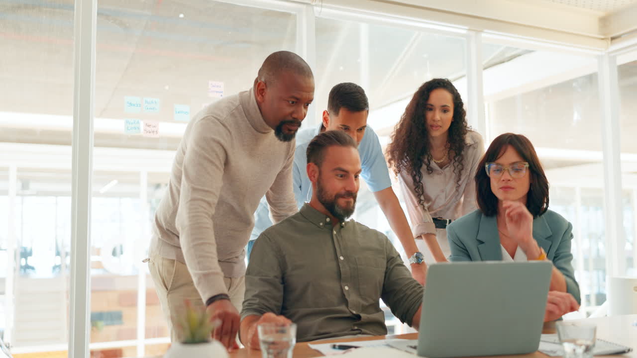 Success, celebration and business people on laptop