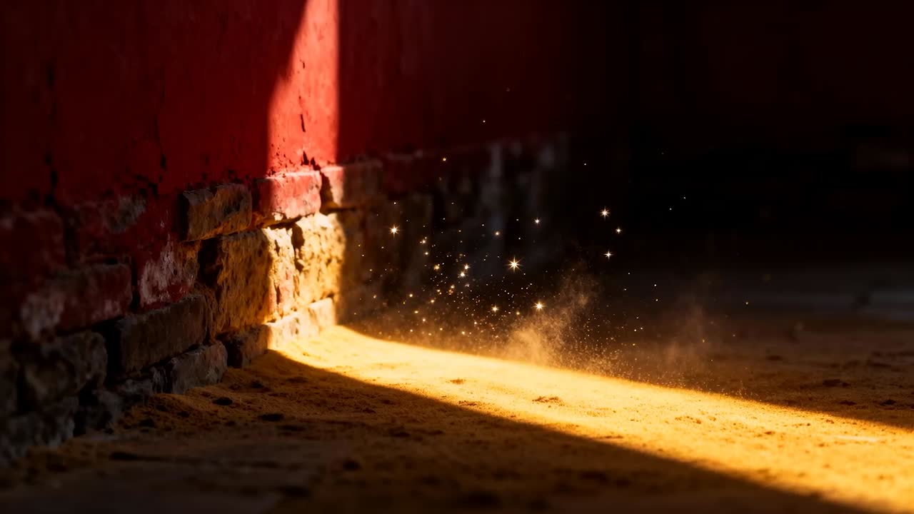 Einfallendes Sonnenlicht, das durch eine schmale Öffnung dringt und Staubpartikel offenbart, die an einem roten Ziegelfuß entlang schweben
