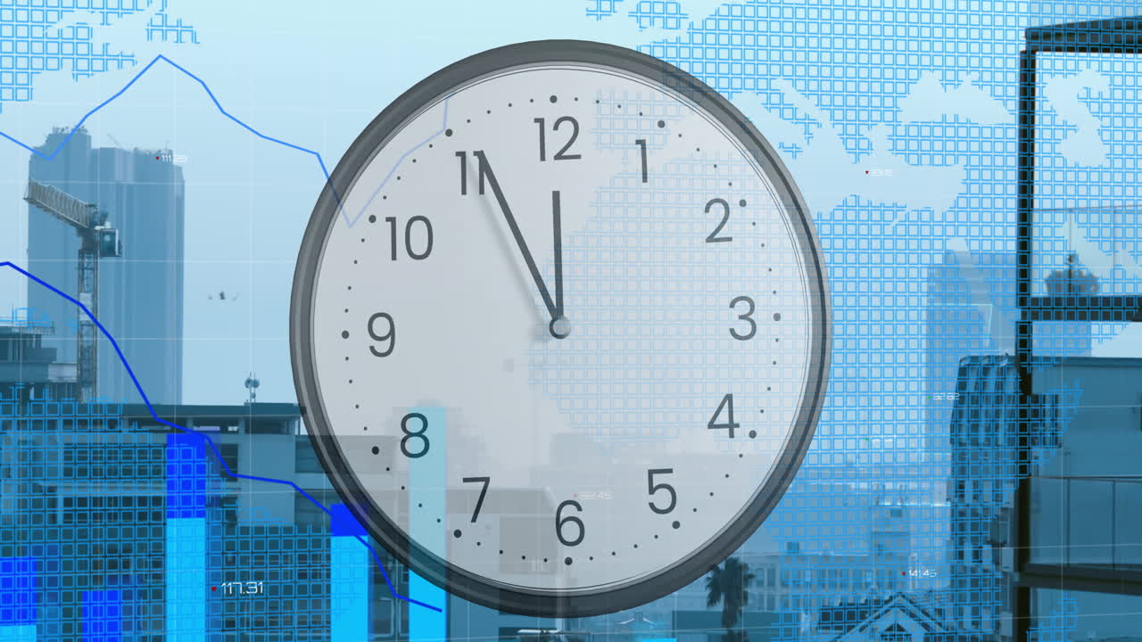 animación de diagramas y mapa del mundo con reloj sobre el paisaje urbano