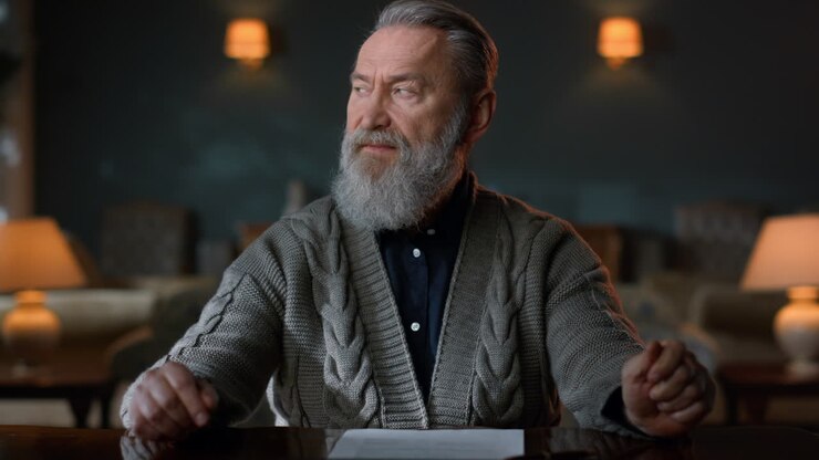Portrait greyhaired gentleman signing contract indoors. Man reading documents.