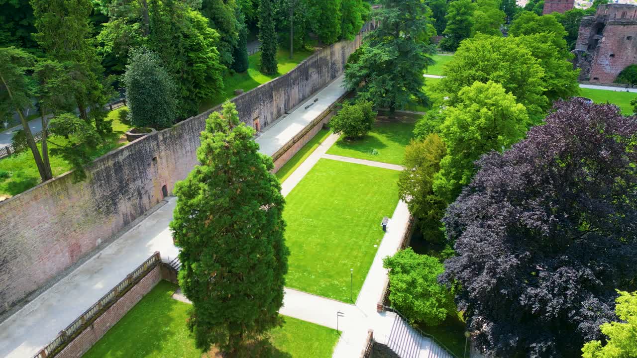 4K Aerial Drone Video of Gardens Surrounding the Historic Castle on Königstuhl Hill overlooking Heidelberg, Germany