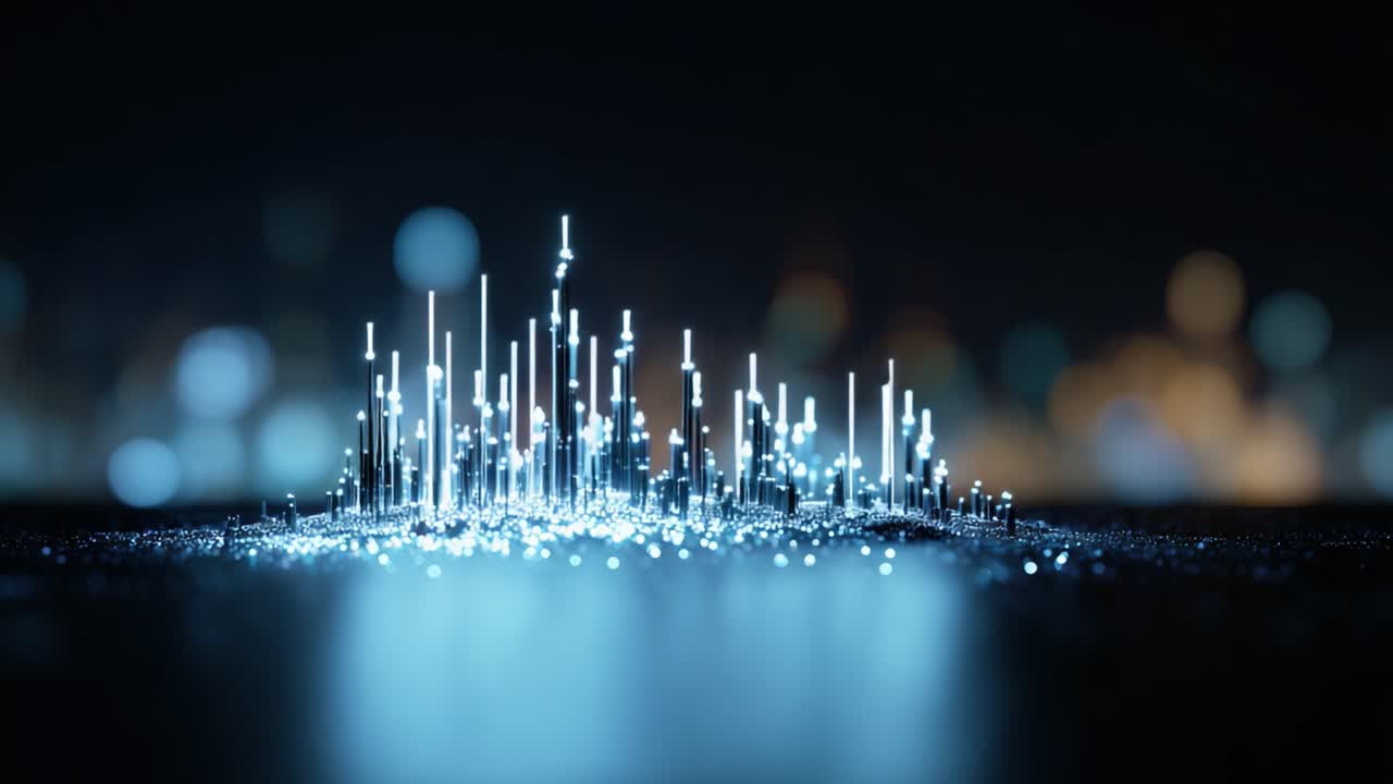 Paesaggio digitale futuristico con luci scintillanti e barre crescenti su uno sfondo leggermente sfocato, che rappresenta la visualizzazione dei dati e il progresso tecnologico