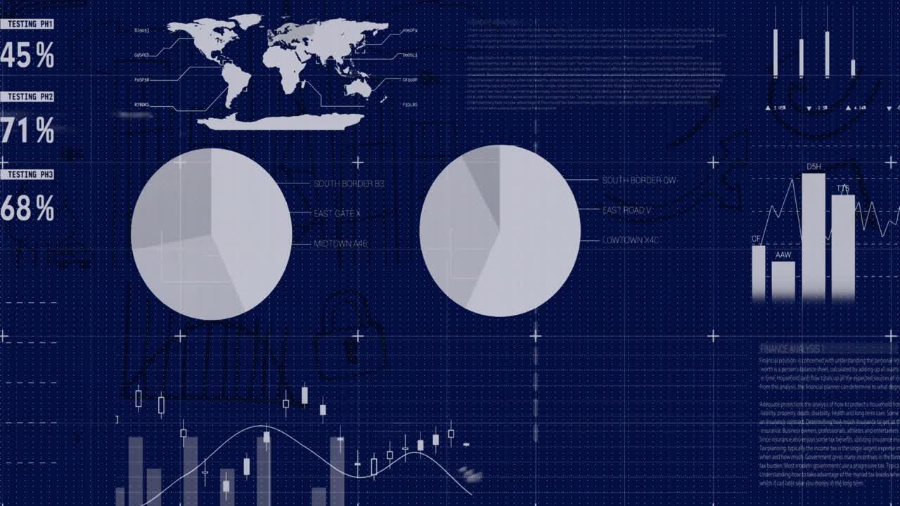 Animation of financial data processing on blue background