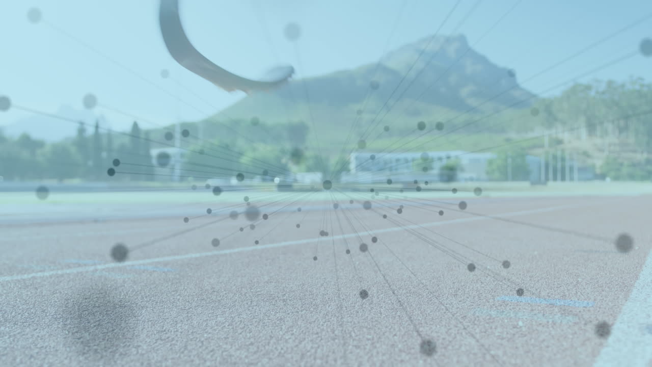 경주 트랙에서 달리기 블레이드를 가진 장애인 남성 운동 선수에 대한 연결 네트워크의 애니메이션