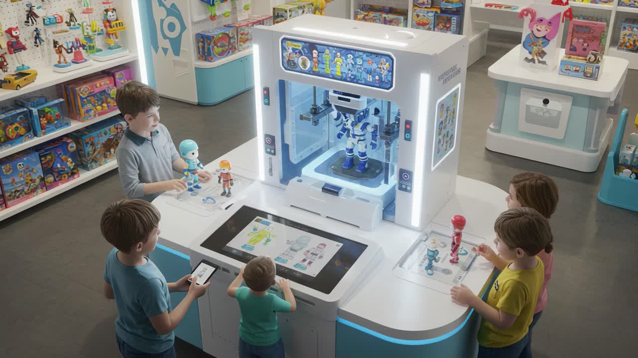 Children Engaged in Interactive Play with Robotic Toy in Modern Store, Exploring Innovative Features and Designs in a Colorful Toy Display Environment