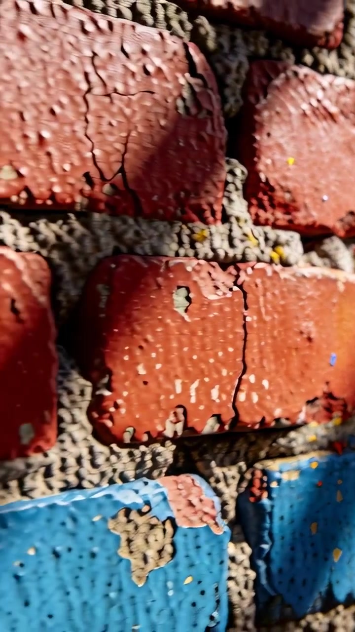 Vertical video: Handheld camera panning across painted bricks on wall, showing flaking paint