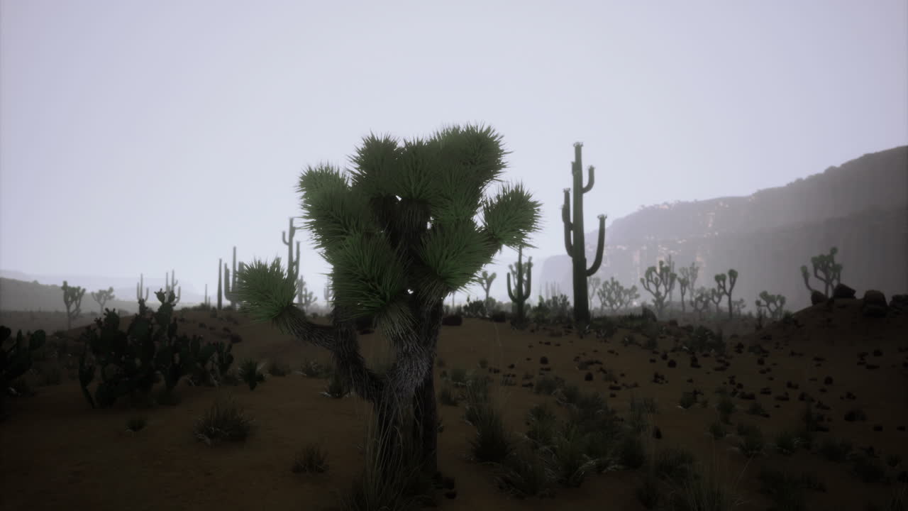 Desert landscape featuring unique plants under a cloudy sky during twilight