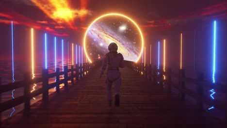 astronaut running through a portal to another galaxy