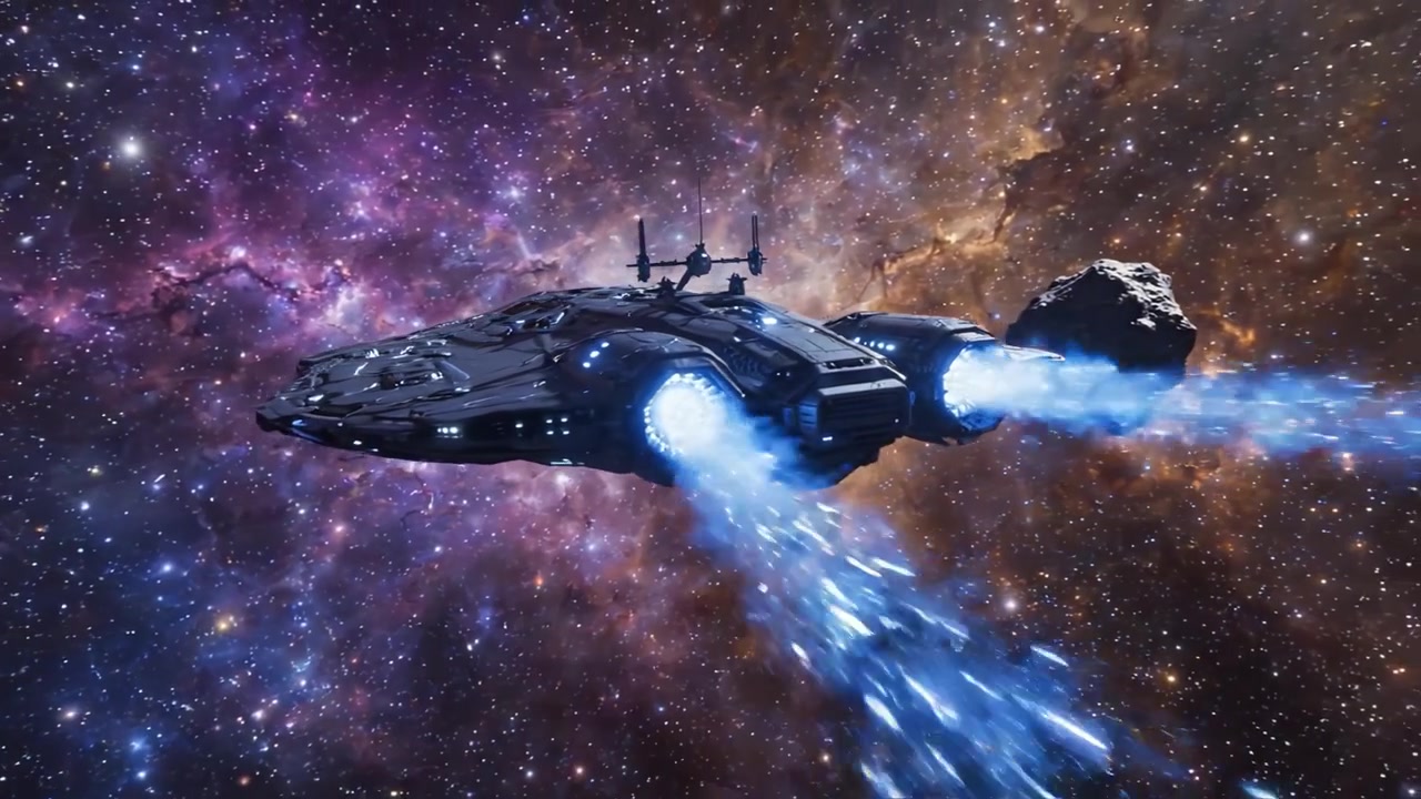 Un viaggio stellare: un'astronave avanzata naviga attraverso nebulose cosmiche e asteroidi con velocità ineguagliabile e ingegno tecnologico nello spazio profondo.