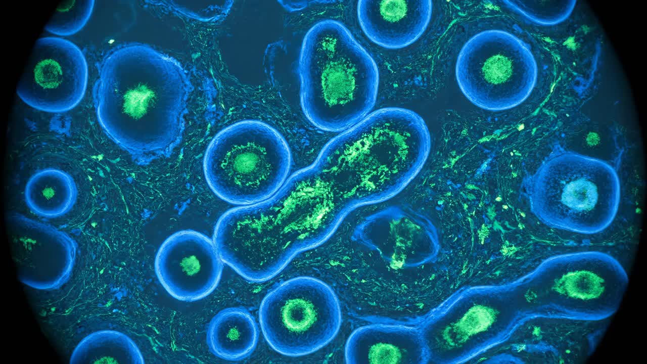 Fluorescently Labeled Cells Under Microscope