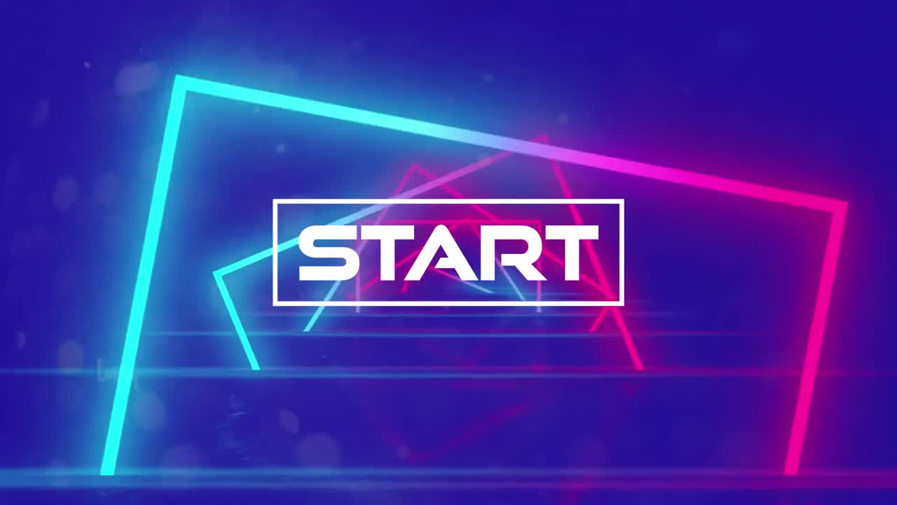 Animation of start text over neon lines and purple background