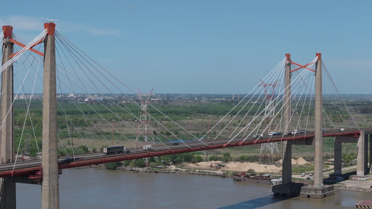 Drone view of Zárate-Brazo Largo suspension bridge over Paraná River. Historical heritage. Argentina.