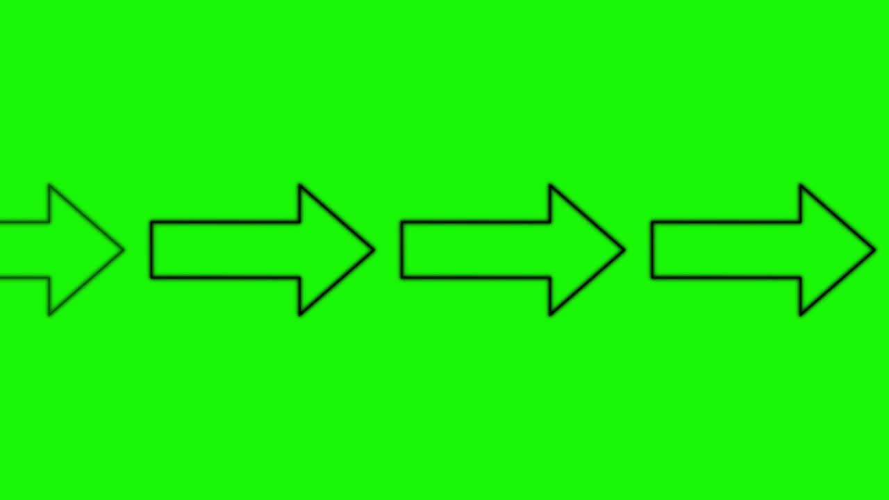 Outlined black arrow smoothly slides rightward across vivid green backdrop, simple linear motion, static camera
