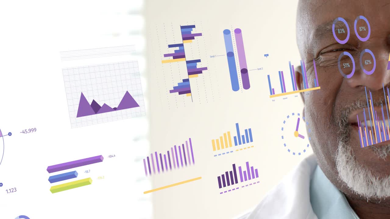 Senior doctor viewing health data, moving charts layering near face, smiling for diagnosis