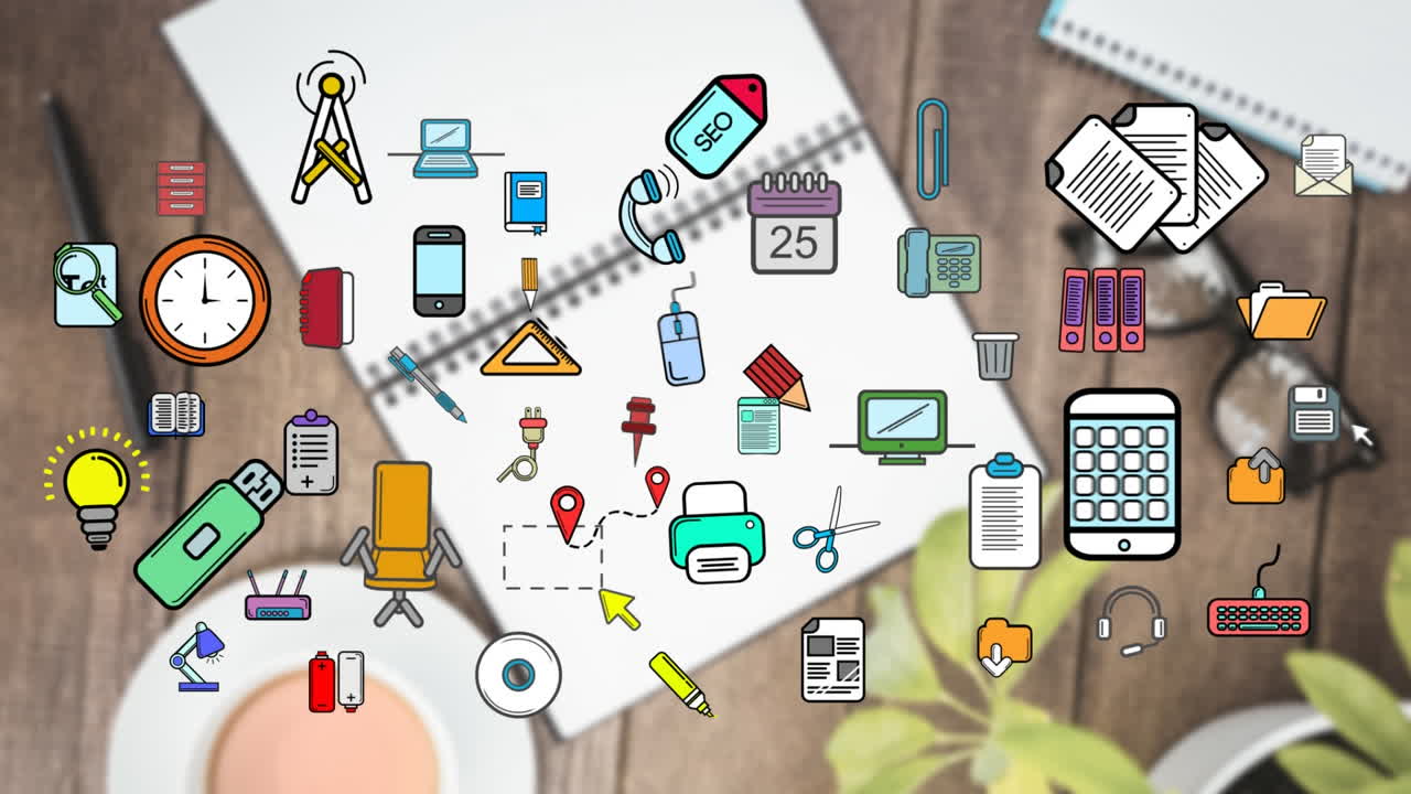 iconos coloridos y una mesa