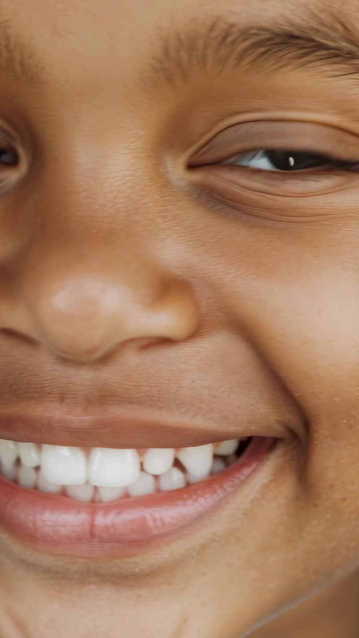 Video verticale: bambino sorridente sente una voce fuori campo nella stanza, guarda con riflesso della fotocamera e maglietta bianca