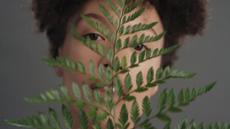 retrato de cerca hermosa mujer de raza mixta tocando el rostro con una hoja acariciando la piel suave y saludable disfrutando de la belleza natural juguetona sobre un fondo gris