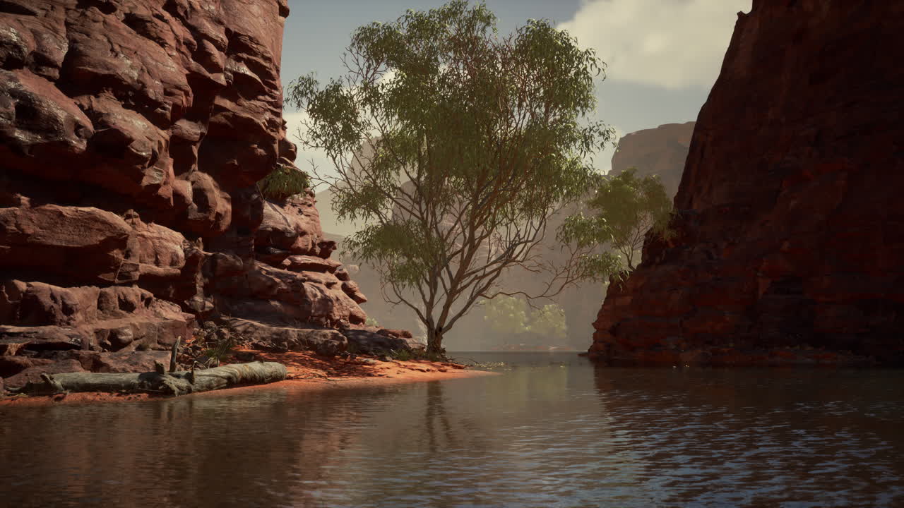 cañón de roca roja con un árbol solitario y un río