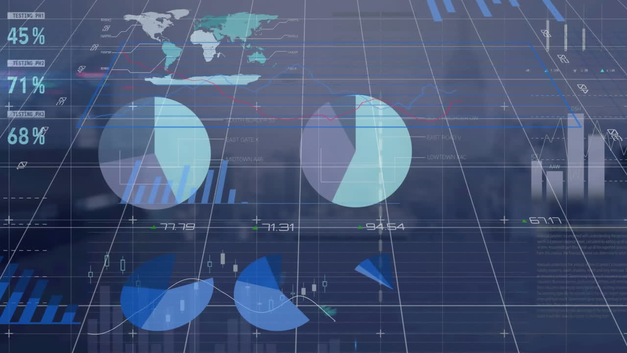 도시 풍경의 공중 전망에 대한 통계 데이터 처리 애니메이션