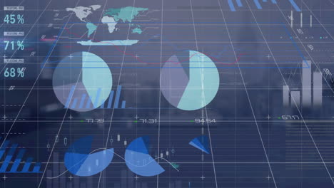 animación del procesamiento de datos estadísticos frente a una vista aérea del paisaje urbano