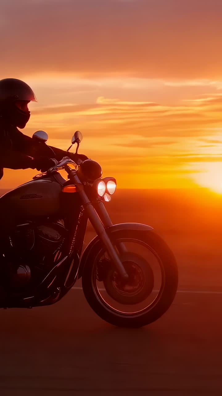 Video verticale: motociclista con casco che guida verso ovest su una strada, inseguendo il bagliore del fanale posteriore al tramonto