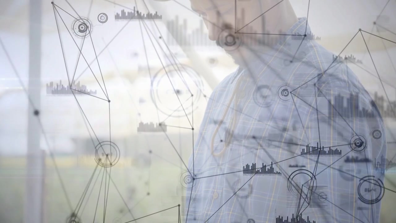 Tech holding device and looking down, starting data overlay masking face while checking crops