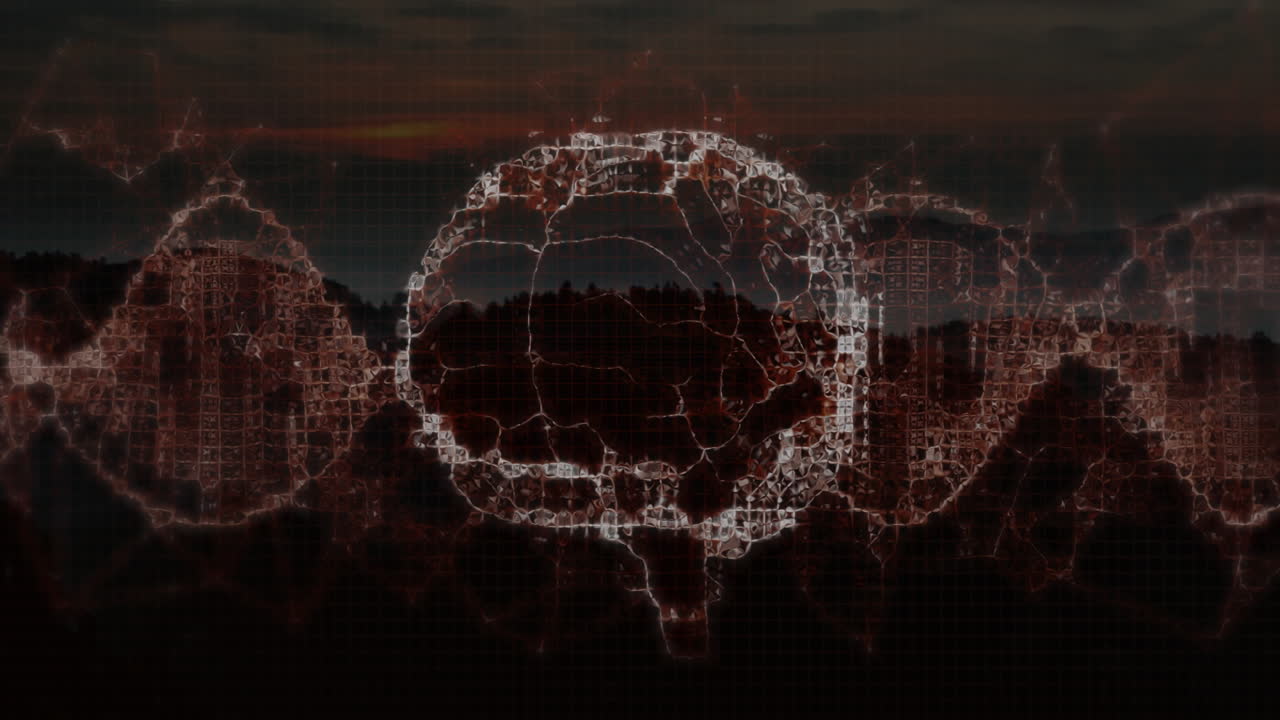 Animazione di teschio digitale e connessioni di rete su paesaggio scuro