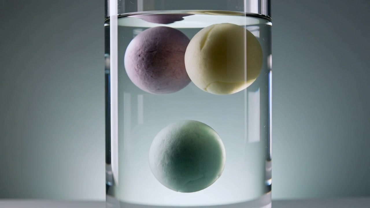 Drifting pastel spheres responding to studio light, shifting in clear cylinder on tabletop