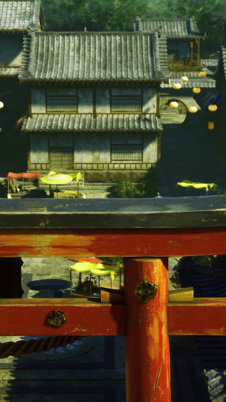 Exploring a traditional village with vibrant lanterns and pagoda architecture