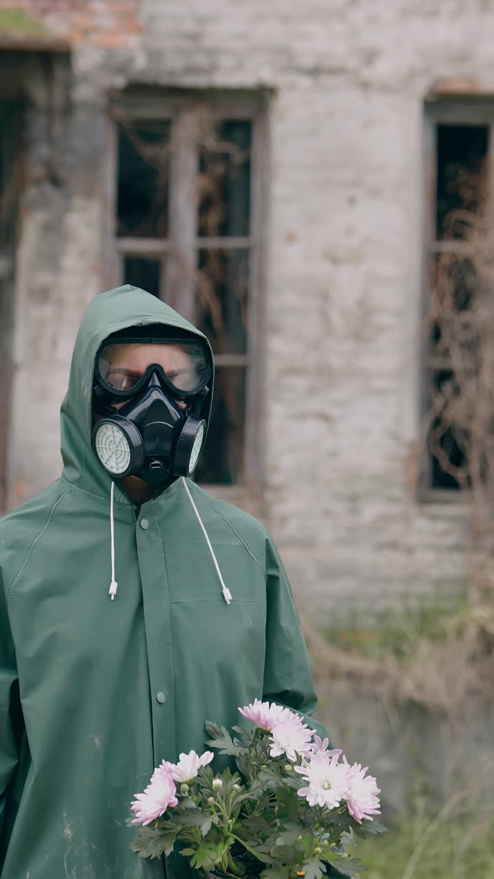 Survivor holding flowers on ruined building background. Person in chemical safety suit and respirator standing with flowers in hands in abandoned place. Chemical attack. Vertical video