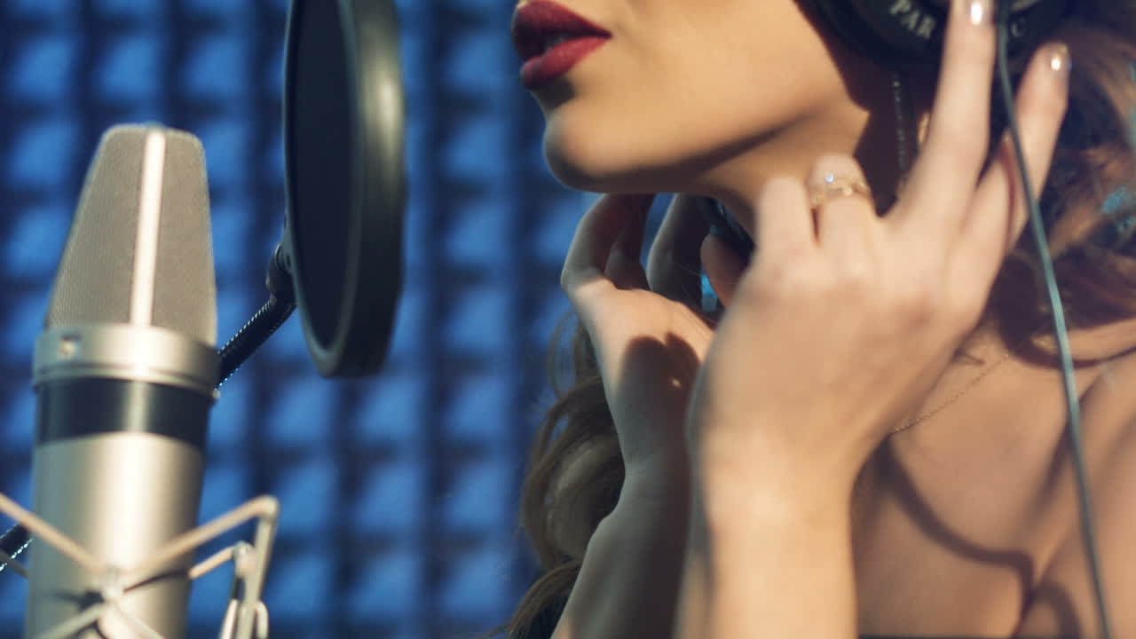 Vinnitsa, Ukraine - May 2019: Young woman recording a song in a professional studio