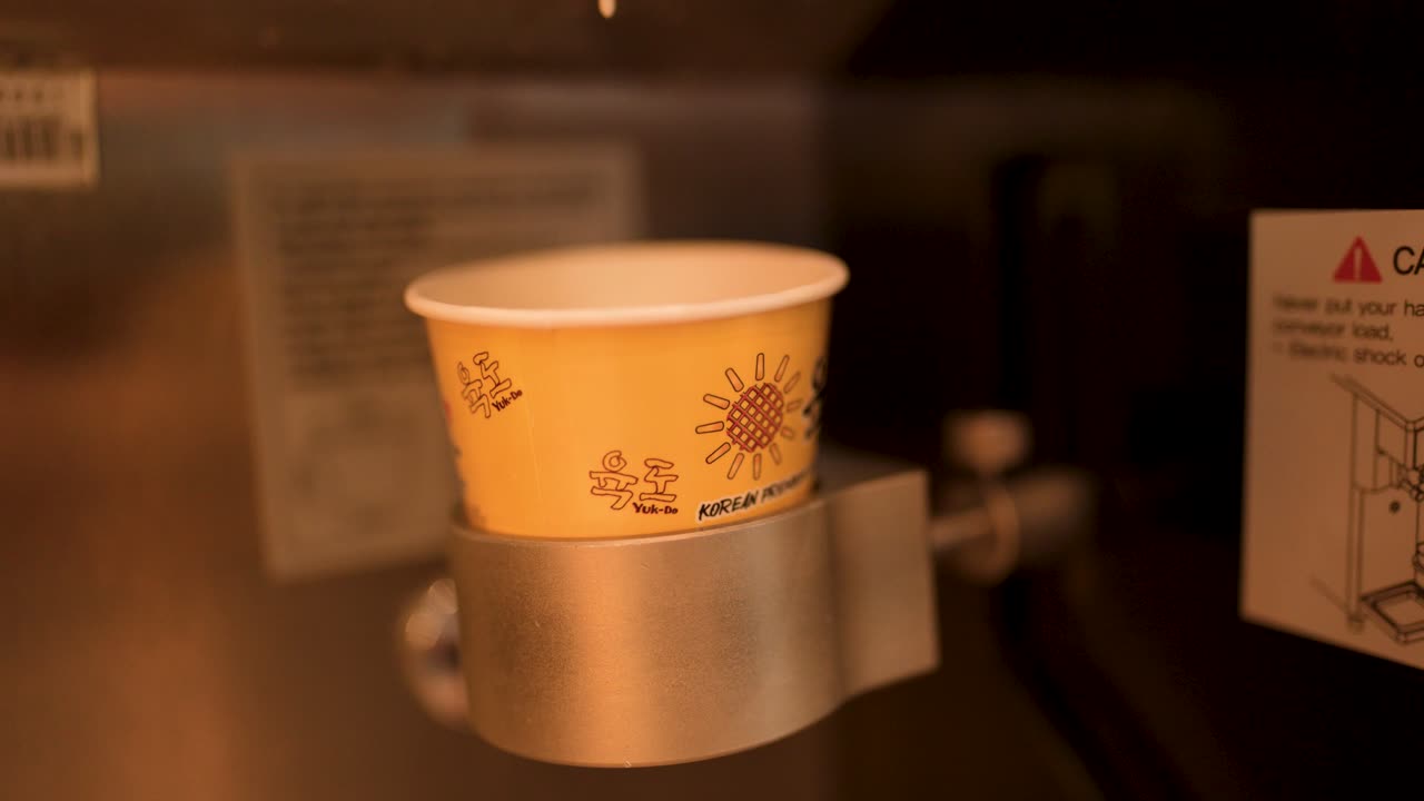 Close-up shot shows a machine dispensing soft serve ice cream into a small paper cup