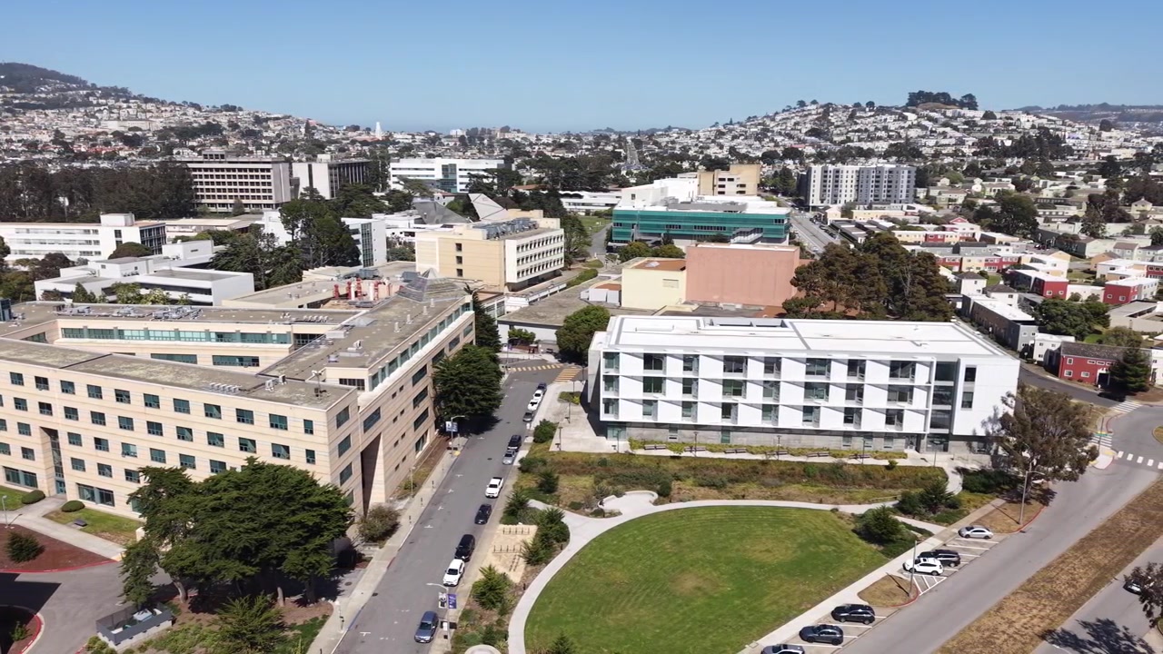 A tracking drone shot above San Francisco State University showcases campus architecture, educational facilities, and pedestrian pathways woven into San Francisco’s western neighborhoods