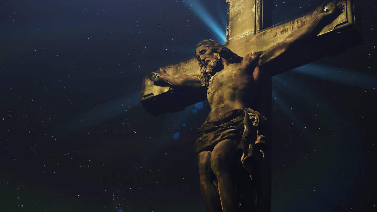 밤 별 배경으로 십자가에 못 박히신 예수