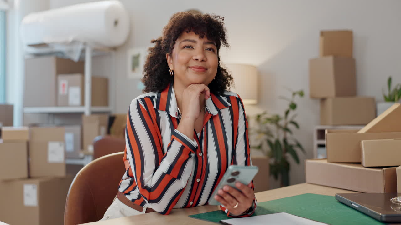 Thinking, designer or woman with phone for small