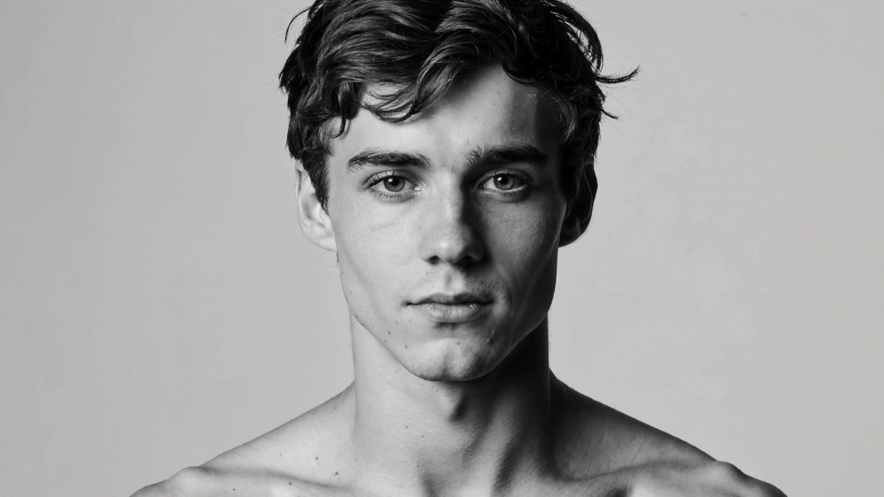 Reagindo ao sinal da câmera, modelo masculino sem camisa fazendo uma virada sutil e relaxando a mandíbula sob luzes de estúdio