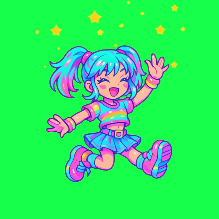Chica anime animada saltando con estrellas en pantalla verde