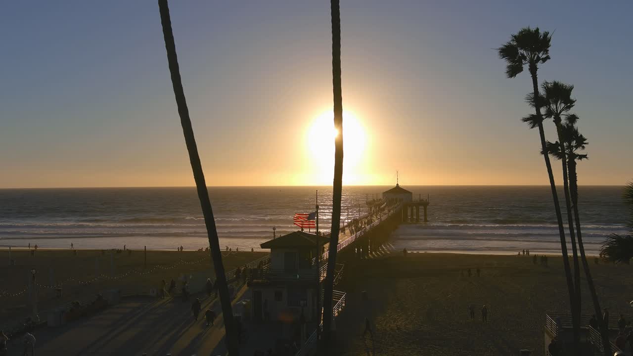 Sunset at the Beach Pier with Palm Trees