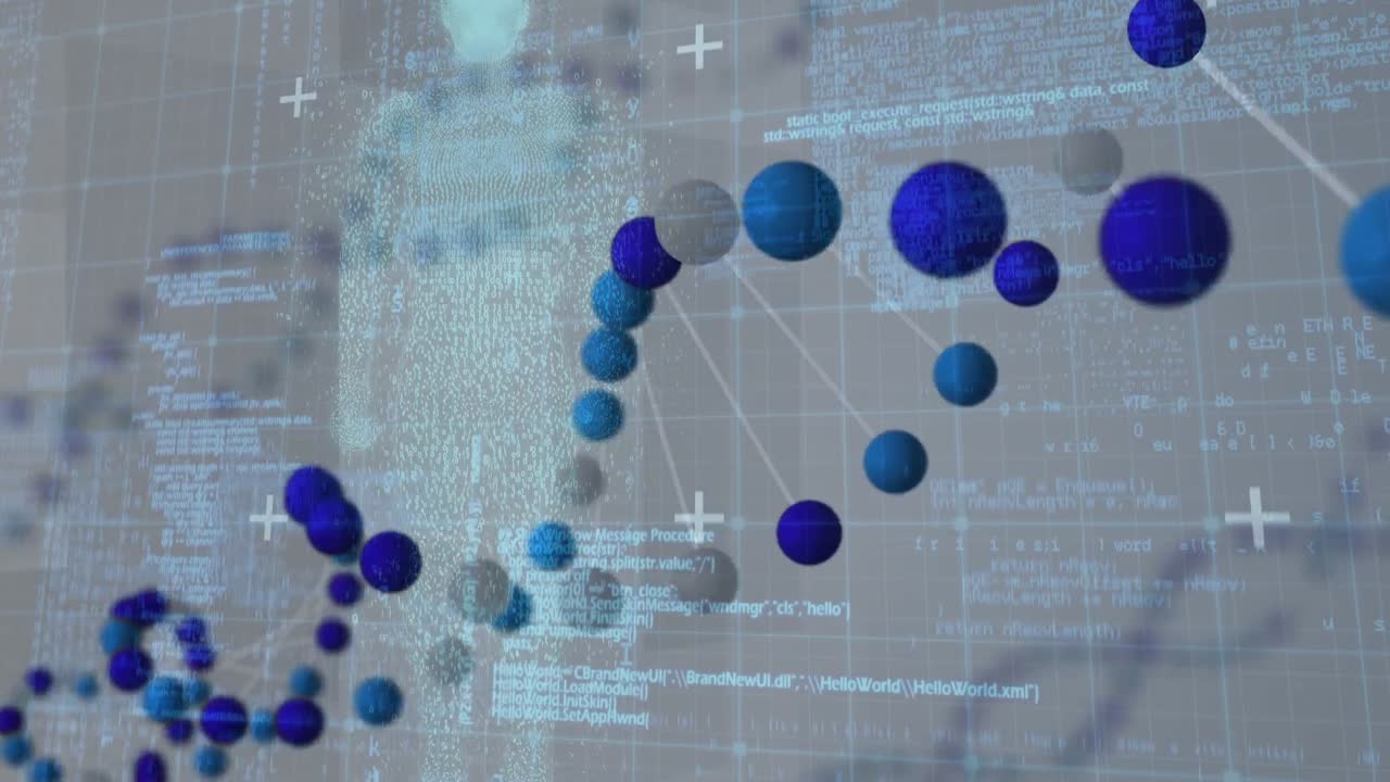 Animation of dna and diverse data over black background