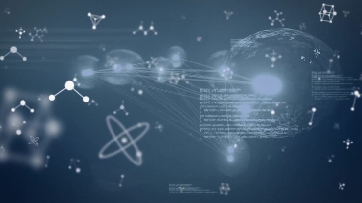 Animation of nucleotides, computer language and multiplying cells over abstract background