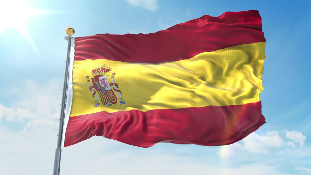 bandera de españa ondeando en el viento contra el cielo azul profundo. tema nacional, concepto internacional. render 3d bucle sin costuras 4k