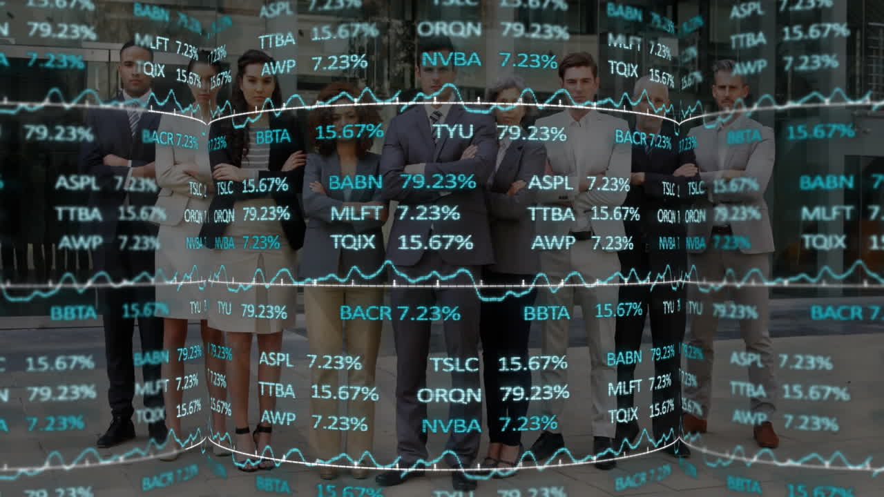 Business professionals standing in corporate plaza, projecting holographic stock charts and tickers