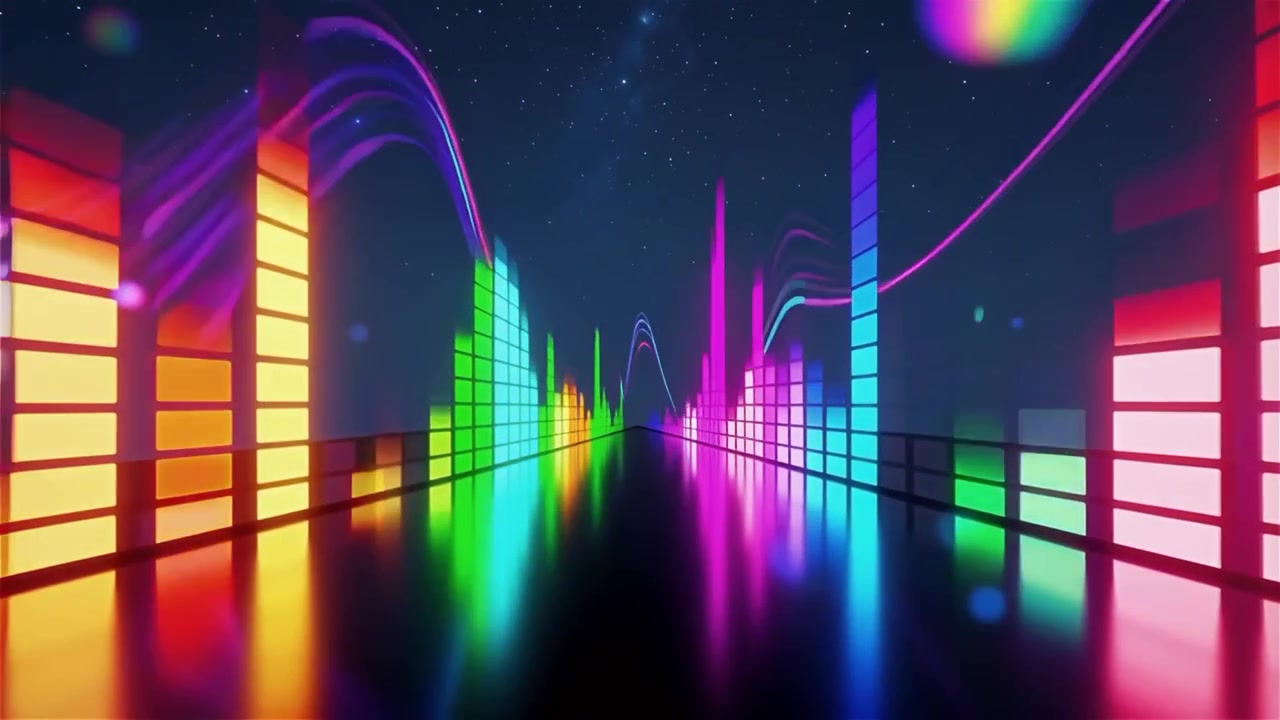 Futuristisk regnbuefarvet neon musik equalizer visualisering baggrund.