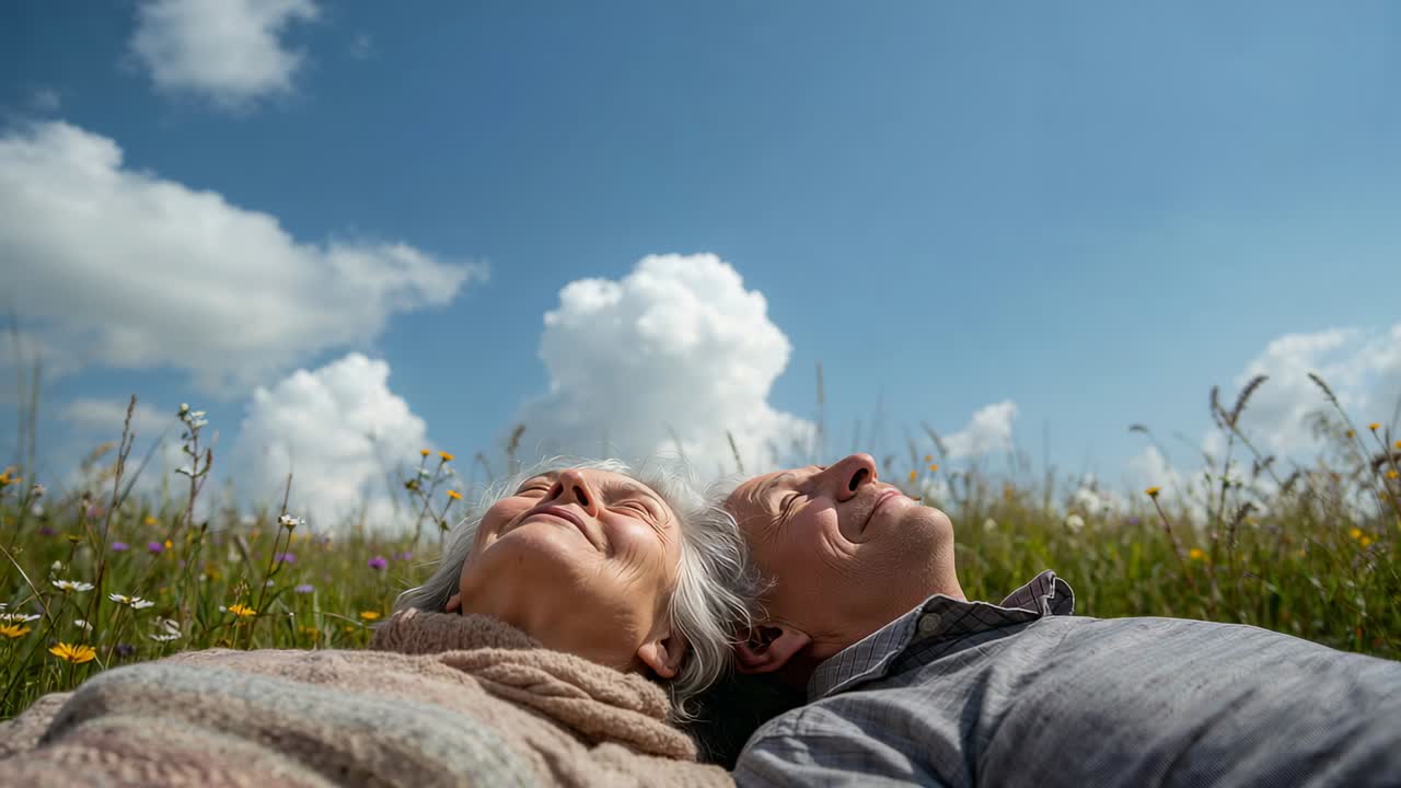 Camera panning, seniors watching clouds, woman shifting, man gazing in meadow with flowers, sweater