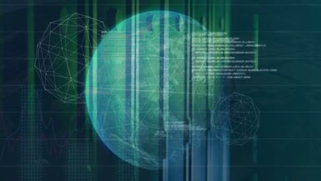 Animation-of-spinning-globe-and-statistical-data-processing-against-computer-server-room