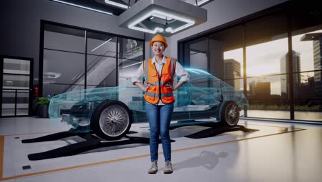 mujer ingeniera inspeccionando un coche usando tecnología ar