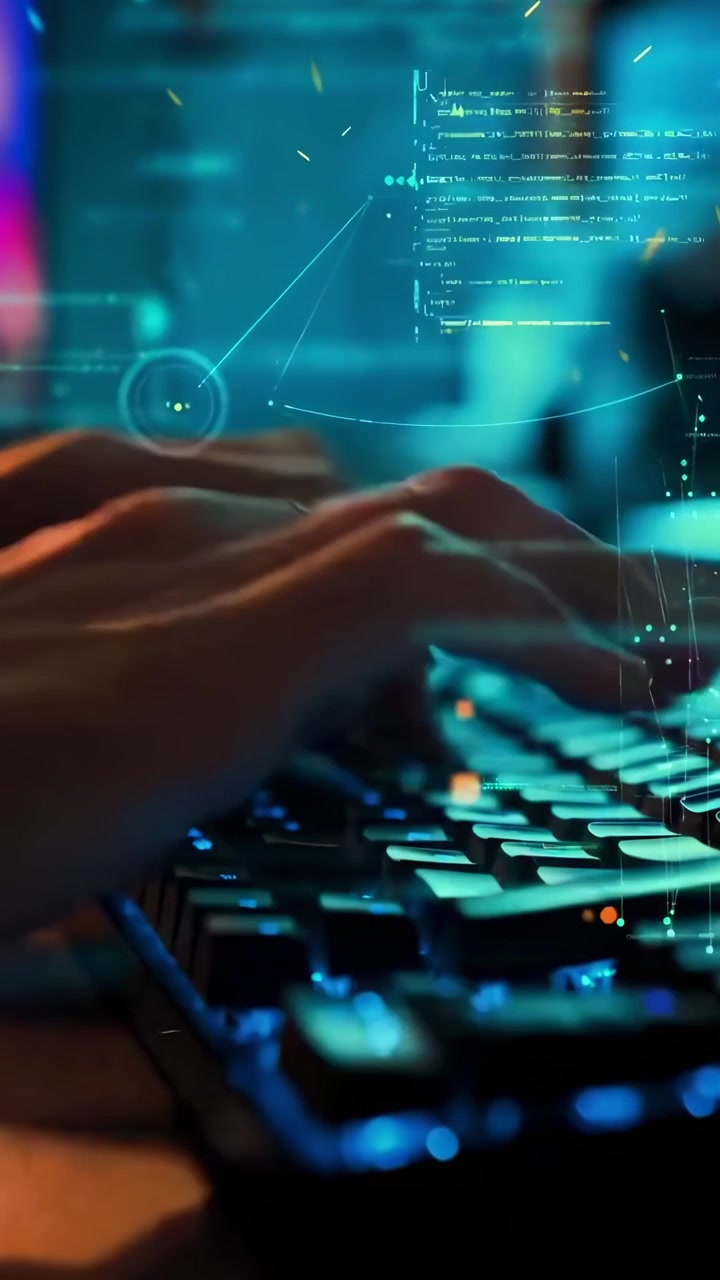 Close-up of Hands Typing on Backlit Keyboard with Digital Code Overlay