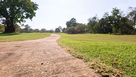 a serene golf course with winding path