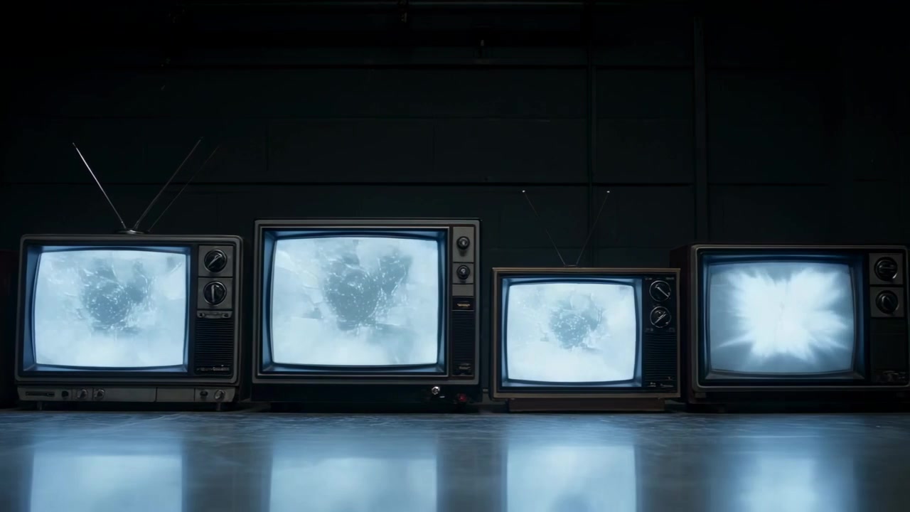 En rad vintage CRT-tv-apparater som är påslagna och bildar bleka mönster på golvet i en studio, med antenn.