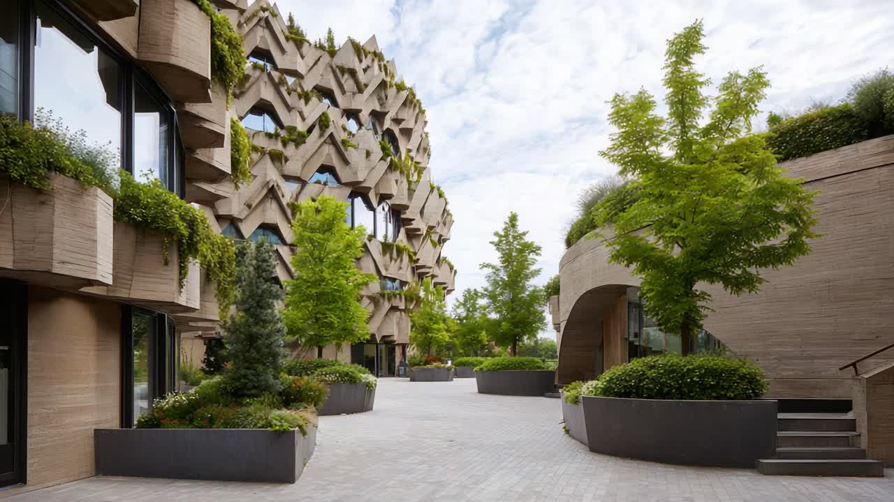 Arquitetura moderna em ambiente urbano com fachada exclusiva e vegetação exuberante em pátio contemporâneo com elementos de design inovadores e paisagismo